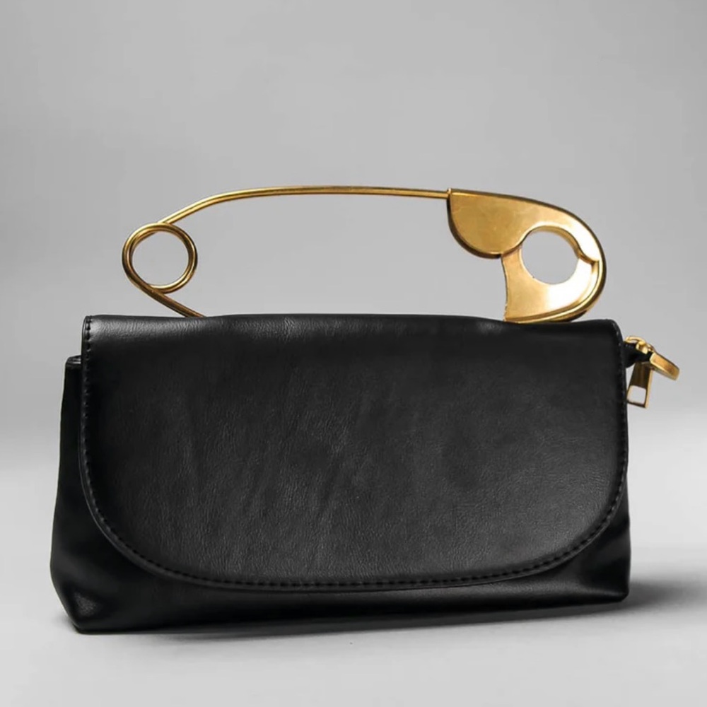 black and gold clothing pin statement clutch becomes crossbody bag - Picture 3 of 5